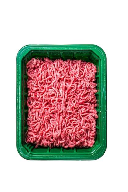 Raw Minced Meat in a Plastic Container ground beef Isolated on white background