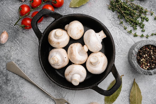 Set di mini funghi prataioli crudi, su sfondo di tavolo in pietra grigia