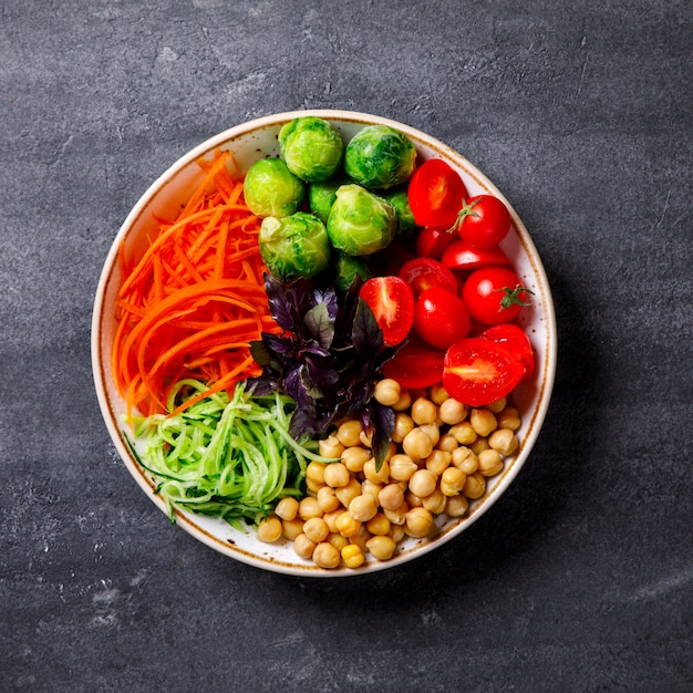 Raw mixed Vegetables and chickpeas. Vegetarian Buddha Bowl.