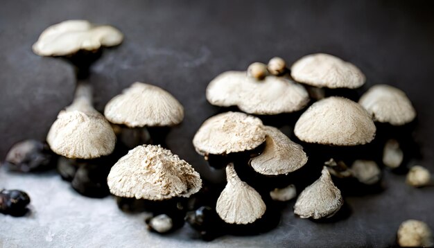 Raw mushrooms champignons on black background