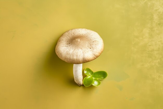 Raw natural russule mushroom with mycelium on golden ochre background Edible mushroom