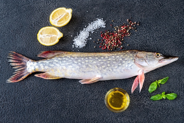 Raw northern spike with seasonings on dark table