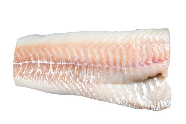 Raw Norwegian skrei cod fish fillet Isolated on white background