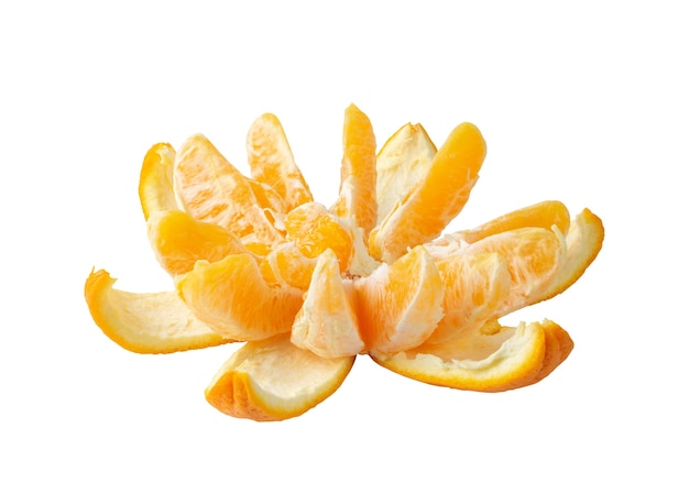 Raw Orange Segments and Peel Isolated on White surface. Fresh Zest Photographed with Natural Light