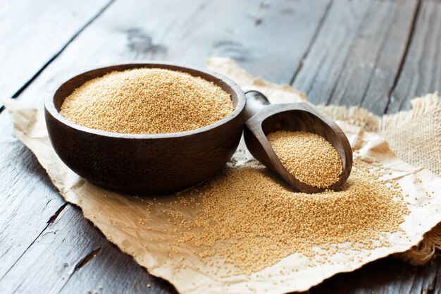 Raw Organic Amaranth grain in a bowl on wooden table