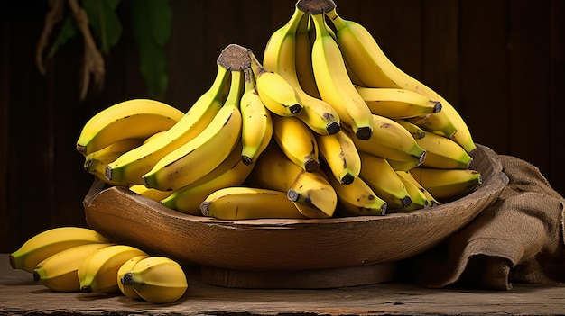 Raw organic bunch of bananas on wooden table