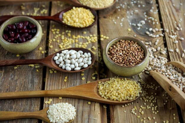 Raw organic cereal grains seeds and beans millet ryewheat\
buckwheat red and white beans lentil rice in wooden spoons on\
rustic wooden background selective focus healthy eating\
concept