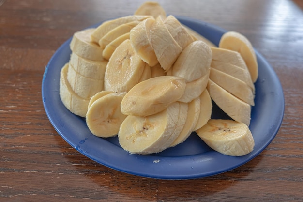 Raw organic Plantain Slices ready to be fried
