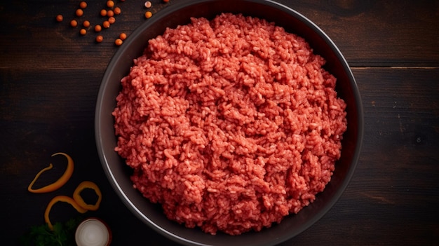 Photo raw organic red ground minced beef top down view