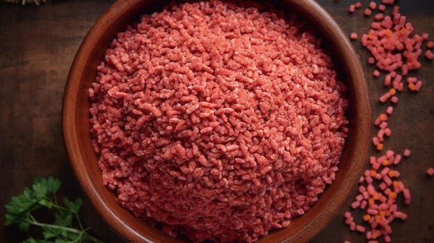 Raw Organic Red Ground Minced Beef Top down view