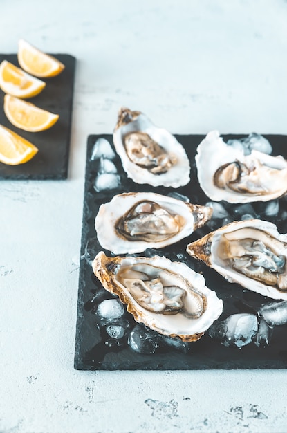 Raw oysters on the slate board