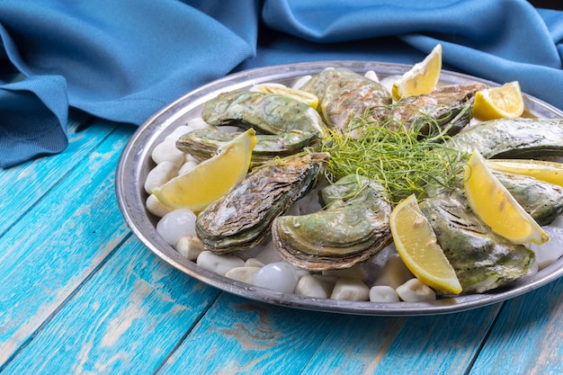 Raw oysters with lemon and ice