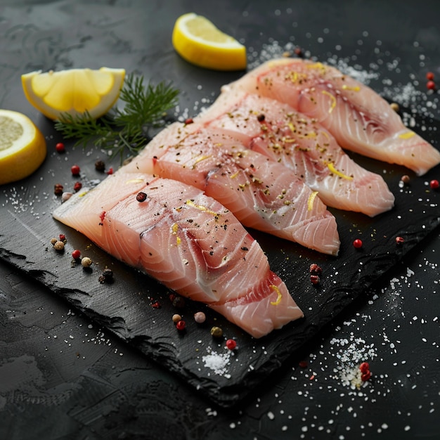 Photo raw pangasius fish fillet served with lemon and seasoning for social media post size