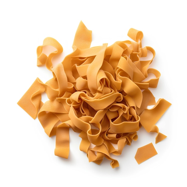 Raw pappardelle pasta isolated on white background as package design element Flat lay top view