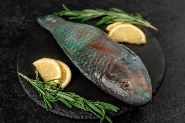 raw parrot fish on stone background