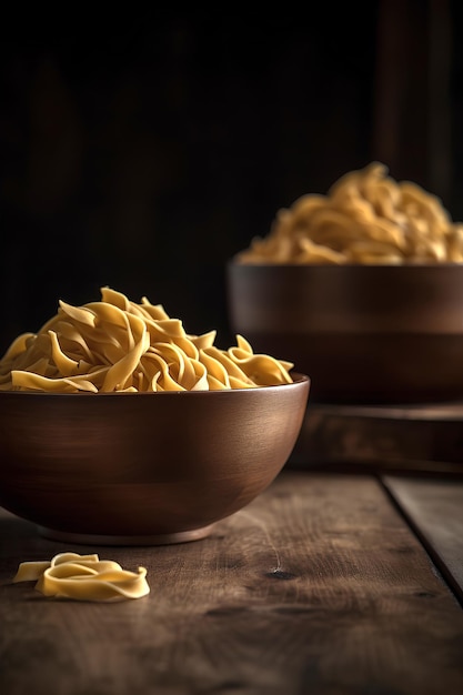 Raw pasta in the bowls on dark wooden background