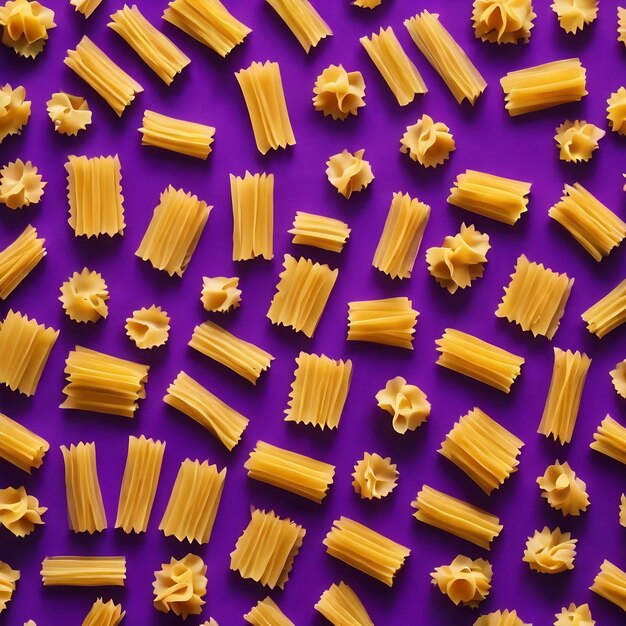 Raw pasta on a bright purple background pattern cooking