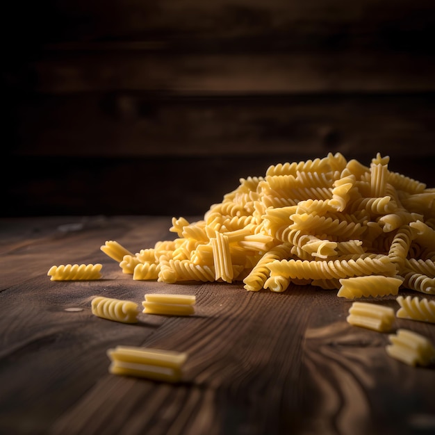 Raw pasta on dark wooden background