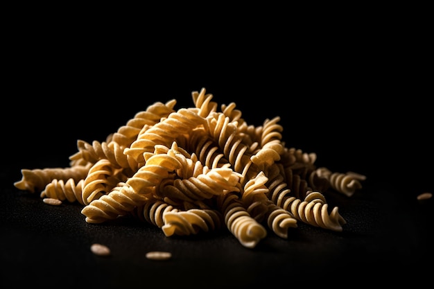 Photo raw pasta fusilli on black background