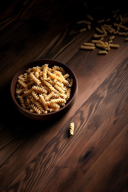 Photo raw pasta fusilli in a bowl on dark wooden background