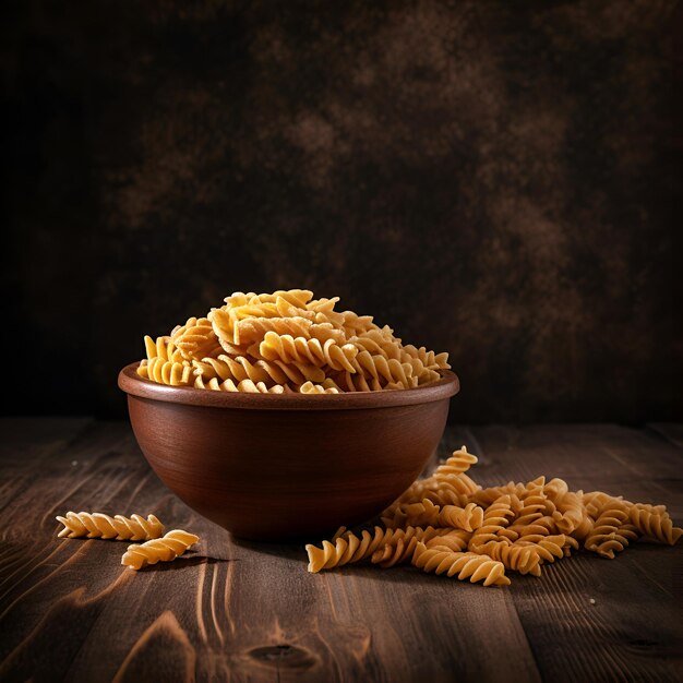 Photo raw pasta fusilli in a bowl on dark wooden background