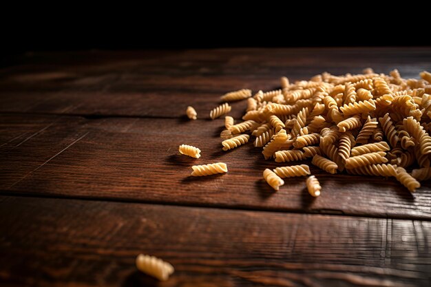 Photo raw pasta fusilli on dark wooden background