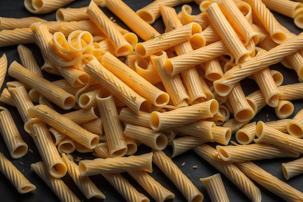Raw pasta on grey background top view Dry pasta close up generative ai