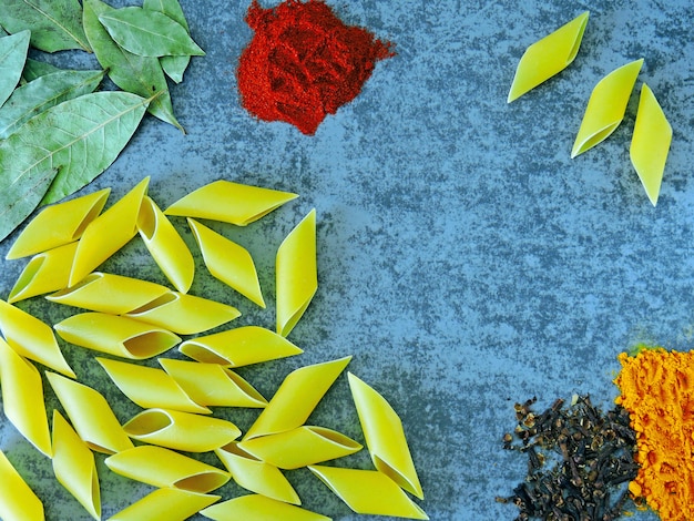 Raw pasta and spices. 