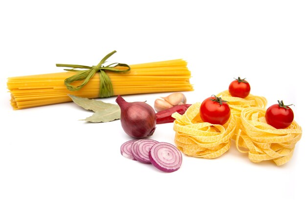 Raw Pasta with ingredients top view