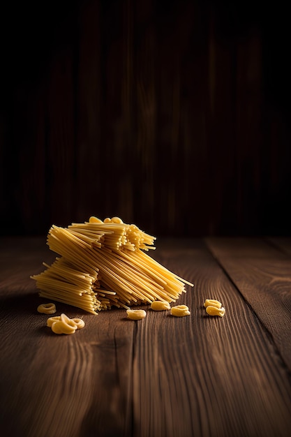 Foto pasta cruda su sfondo di legno con spazio per la copia