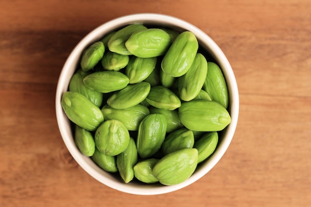 Raw Peeled Pete Petai or Parkia speciosa in a Bowl Petai Popular Stinky Bitter Bean from Indonesia