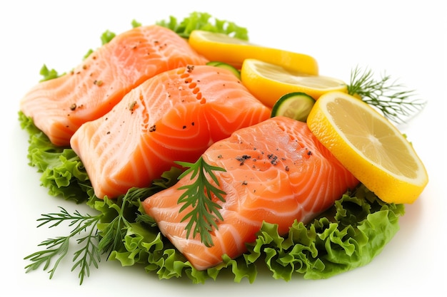 Raw pieces of salmon with lettuce and lemon slices on white background