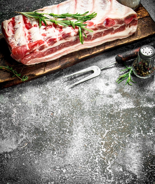 Raw pig ribs with herbs and spices. On rustic background.