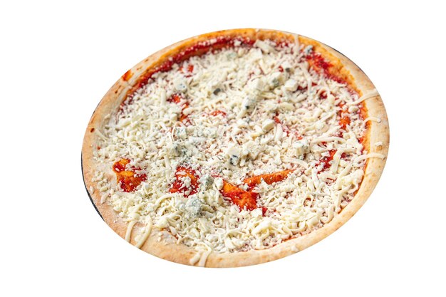 raw pizza four cheeses parmezan mozzarella emmental cheddar tomato sauce fast food appetizer