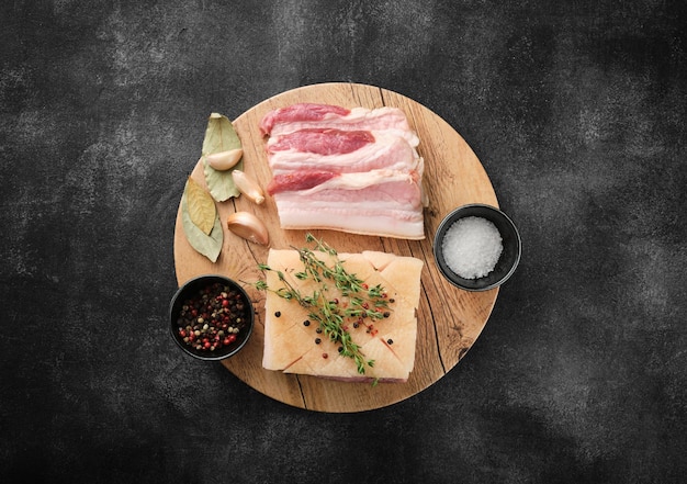 生の豚バラ肉 新鮮な豚バラ肉ブロック スパイスと木の板にバーベキューの準備