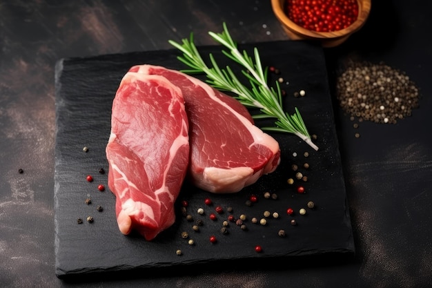 Raw pork fillet seasoned with pepper and garnished with fresh rosemary on a wooden cutting board