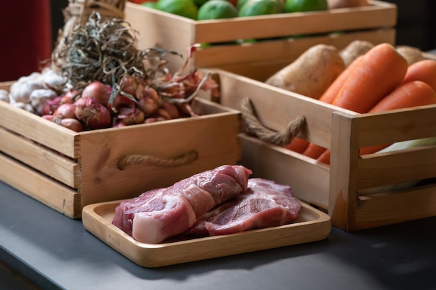 Photo raw pork is laid in front of vegetable potato carrot shallot lime onion tomato that in wood box with studio light environment