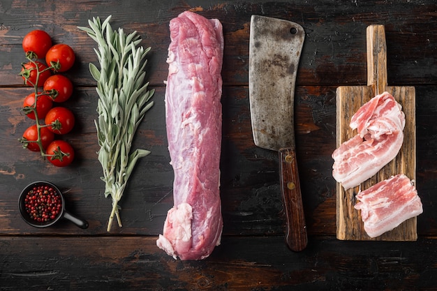 Raw Pork and mash gratin ingredients set with old butcher cleaver knife, on old dark  wooden table