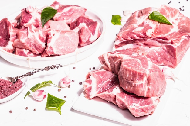 Raw pork meat, different cuts. Fresh meat, dry sumac, garlic and basil leaves. Healthy cooking food concept, trendy hard light, dark shadow. White putty background, close up