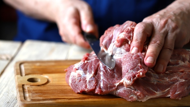 Raw pork meat in the hands of a chef with a knife.