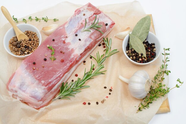 Raw pork meat with herbs