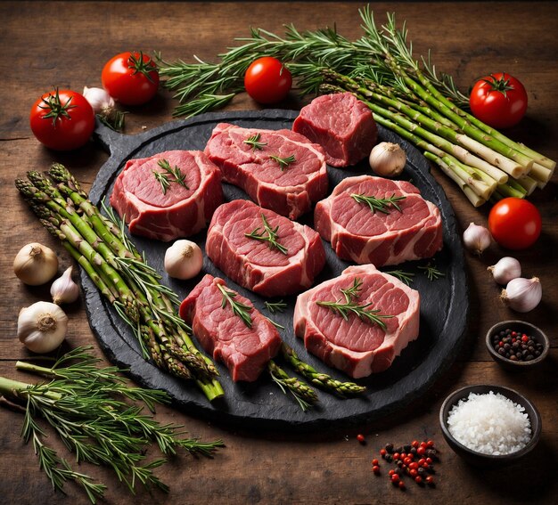 Raw pork meat with ingredients for cooking on a dark background top view