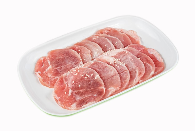 Raw pork on plate over white background