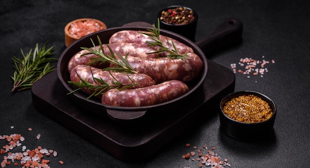 Raw pork sausages grill with spices and herbs on a dark concrete table