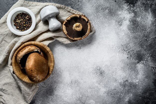 Raw Portobello mushrooms. Top view. 