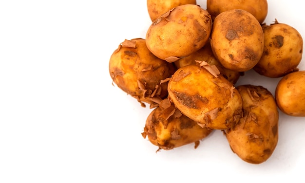 Raw potato feed on isolated. Fresh potatoes on white insulating background. Early harvest. Unwashed vegetables. Selective focus. Concept of culinary skill. Place for an inscription or logo