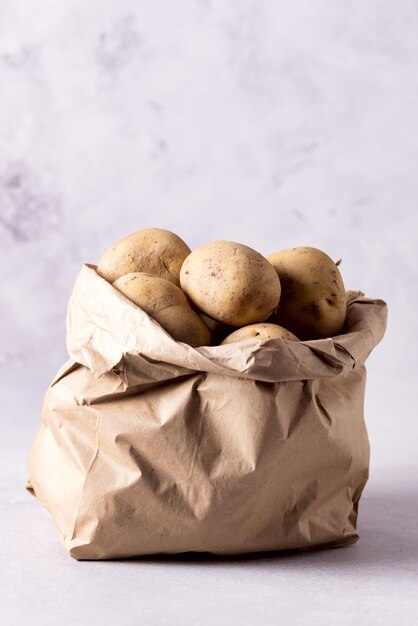 Raw Potato Food Fresh Potatoes in Craft Package on Light Gray Background Vertical