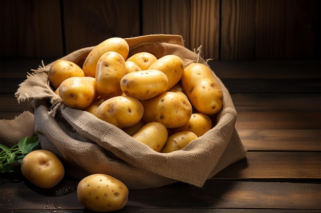 Raw potato harvest displayed in a vintage sack on wood