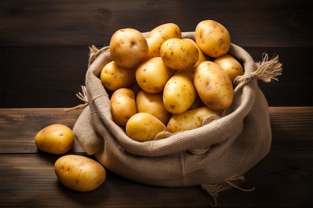 Raw potato harvest displayed in a vintage sack on wood