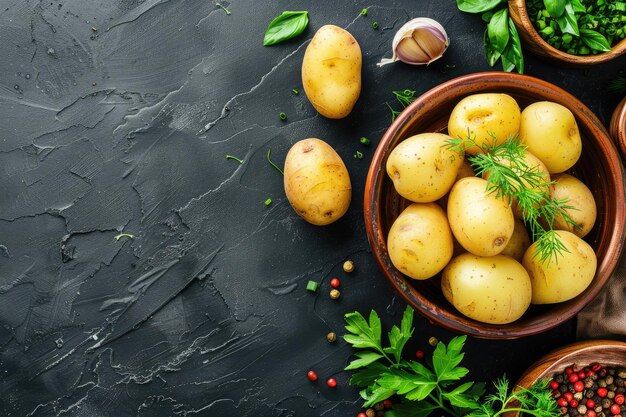 Photo raw potatoes on black background space for text